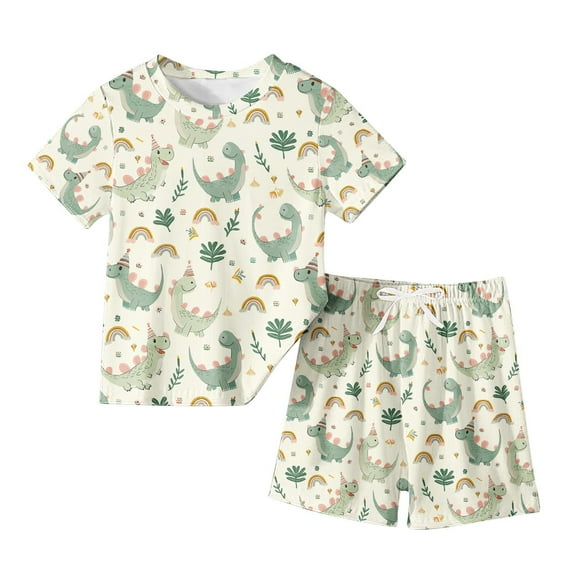 AJTQTH Toddler Clothes Set Boys Girls Kids Dinosour Print Crewneck Short Sleeve Tshirts+Drawstring Short Pants Summer Casual Outfits Beige#01 4 Years