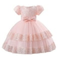 thumbnail image 1 of AJTQTH Toddler Girls Princess Dress Kids Laec Trim Round Neck Puff Sleeve Gowns High-Waisted Bows Mesh Layered Puffy Dress Sequins Rhinestone Decoration Nigh Dress Pink 4 Years, 1 of 5