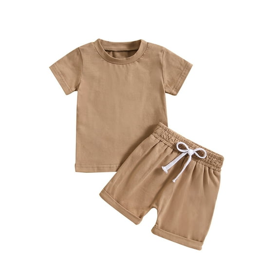 AJTQTH Toddler Kids Boys Girls Fashion Cute Solid Color Short Sleeve Pocket Top Shorts Suit Khaki 18 Months