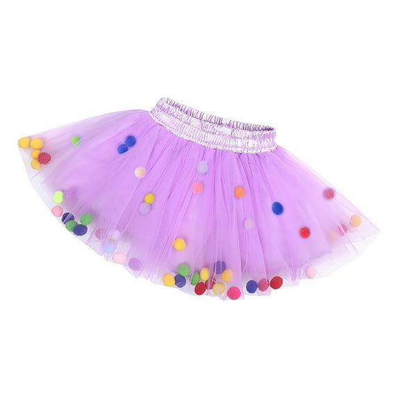 AJTQTH Toddler Mini Skirts Metallic Elastic Waistband Mesh Layered Cute Solid Color Skirts with Colorful Pom-Poms Accessories Short Skirts Purple XL