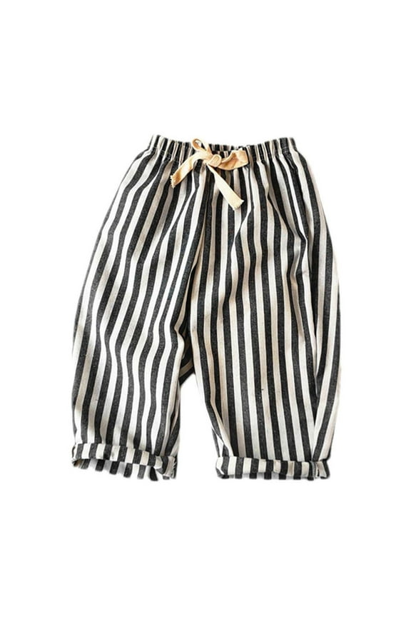 Toddler Pants Drawstring Casual Trousers Cotton Linen Striped Wide-Leg Loose Harem Pants Boys Girls Breathable Soft Lounge Pants Black 2 Years