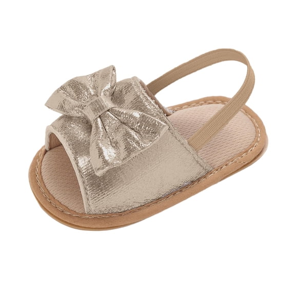 AJTQTH Toddler Shoes Kids Summer Casual Lightweight Open-Toe Comfy Beach Sandals with Metallic Bowknot Elasticband Ankle Soft Straps Thick Soled Slippers Gold Size 13