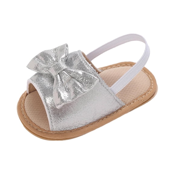 AJTQTH Toddler Shoes Kids Summer Casual Lightweight Open-Toe Comfy Beach Sandals with Metallic Bowknot Elasticband Ankle Soft Straps Thick Soled Slippers Silver Size 13