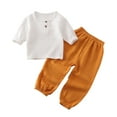 thumbnail image 1 of AJTQTH Toddler Summer 2PC Set Girls Boys Cute Cotton Linen Tees Solid Tops Henley Collar Short Sleeve Tshirts Shirts Elastic-Waist Loose Fit Trousers Full Length Pants Yellow 1 Years, 1 of 9