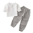 thumbnail image 1 of AJTQTH Toddler Summer 2PC Set Girls Boys Cute Cotton Linen Tees Solid Tops Henley Collar Short Sleeve Tshirts Shirts Elastic-Waist Loose Fit Trousers Full Length Pants White 3 Years, 1 of 9