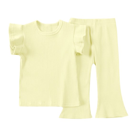 AJTQTH Toddler Two-Pieces Set for Newborns Summer Solid Rib Knitted Flutter Sleeve Crewneck Tees Tops Tshirts Girls Boys Comfort-Waisted Flared Pants Trousers Yellow 2-3 Years