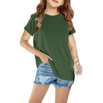 AJTQTH Tops for Kids Girls Boys Summer Casual Comfy Solid Color Lightweight Clothes Outfits Short-Sleeved Crewneck Tees Tshirts Shirts Blouses Army Green 7 Years