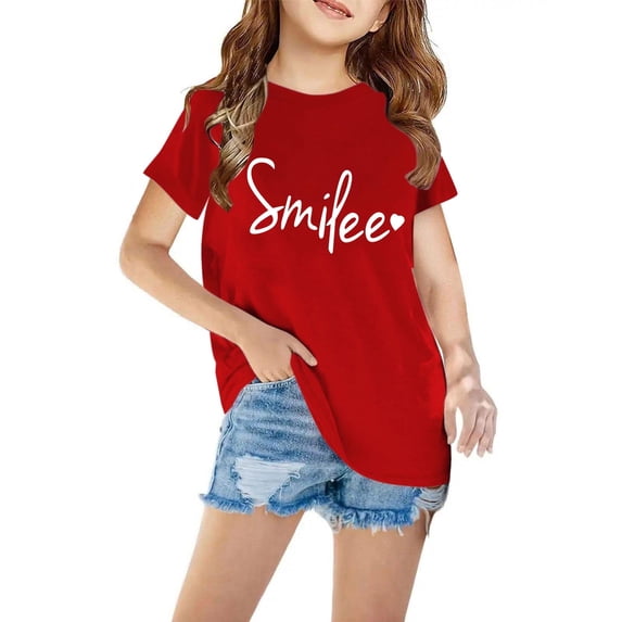 AJTQTH Tshirts for Girls Boys Kids Summer Casual Lightweight Comfortable Fit Clothes Outfits Cute Cartoon Letter Print Tops Short-Sleeved Crewneck Tees Shirts Blouses Red 4 Years