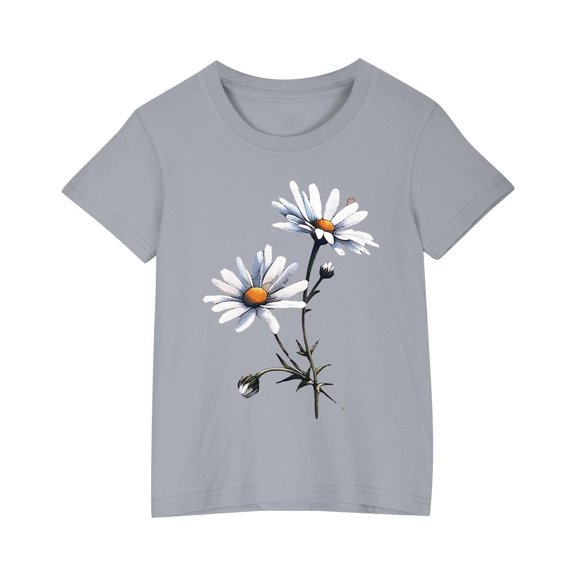 AJTQTH Tshirts for Girls Boys Kids Unisex Cute Floral Print Tees Short Sleeve Round Neck Tops Shirts Blouses Summer Cotton Comfortable Fit Clothes Outfits Gray 9 Years