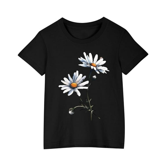AJTQTH Tshirts for Girls Boys Kids Unisex Cute Floral Print Tees Short Sleeve Round Neck Tops Shirts Blouses Summer Cotton Comfortable Fit Clothes Outfits Black 7 Years