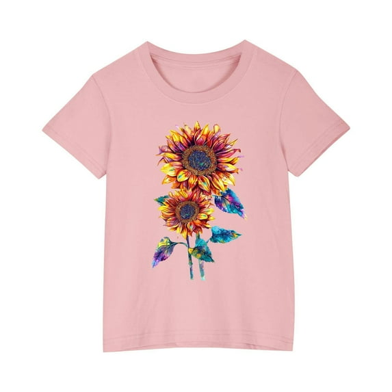 AJTQTH Tshirts for Girls Boys Summer Short Sleeve Round Neck Tops Kids Unisex Glitter Sunflower Print Tees Shirts Blouses Cotton Summer Clothes Outfits Pink 9 Years