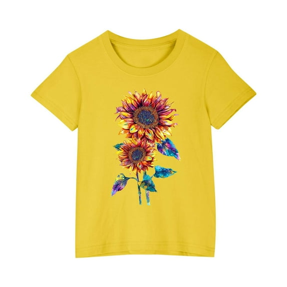 AJTQTH Tshirts for Girls Boys Summer Short Sleeve Round Neck Tops Kids Unisex Glitter Sunflower Print Tees Shirts Blouses Cotton Summer Clothes Outfits Yellow 7 Years