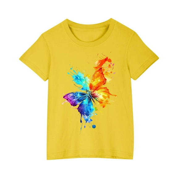 AJTQTH Tshirts for Kids Boys Girls Cute Butterfly Graphic Tees Short-Sleeved Tops Round Neck Shirts Blouses Summer Cotton Loose Fit Comfy Lightweight Outfits Clothes Yellow 3 Years