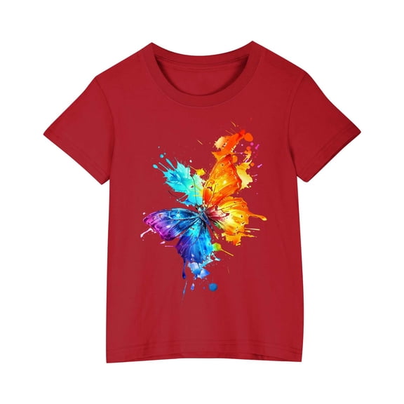 AJTQTH Tshirts for Kids Boys Girls Cute Butterfly Graphic Tees Short-Sleeved Tops Round Neck Shirts Blouses Summer Cotton Loose Fit Comfy Lightweight Outfits Clothes Red 3 Years