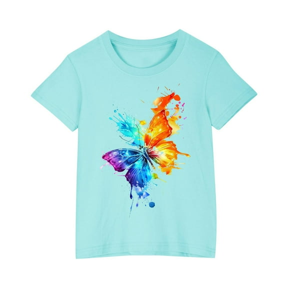 AJTQTH Tshirts for Kids Boys Girls Cute Butterfly Graphic Tees Short-Sleeved Tops Round Neck Shirts Blouses Summer Cotton Loose Fit Comfy Lightweight Outfits Clothes Blue 3 Years