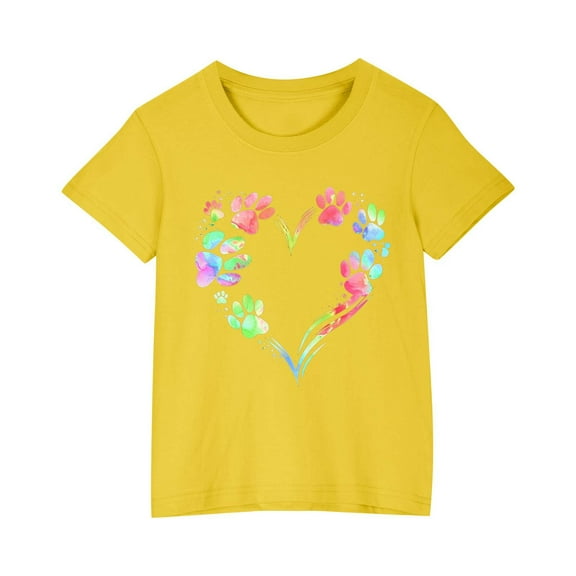AJTQTH Tshirts for Kids Boys Girls Cute Summer Cotton Comfortable Fit Outfits Clothes Cartoon Print Short Sleeve Round Neck Tees Tops Love Pattern Shirts Blouses Yellow 7 Years