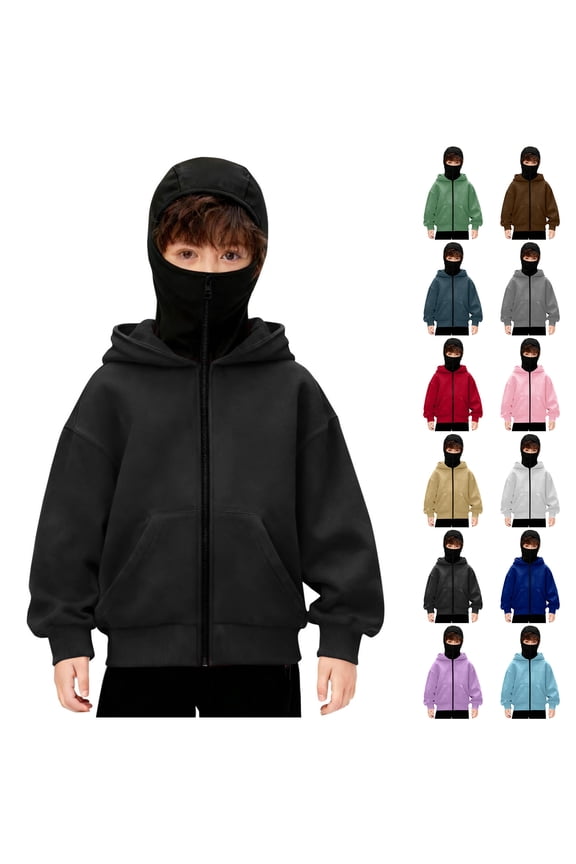 Unisex Boys Girls Balaclava Hoodie with Face Mask Kids Full Zip Up Ski Mask Jacket Double Hooded Pullover Sweatshirt Wind Resistant Cardigan Outwear Tops Red 8-9 Years