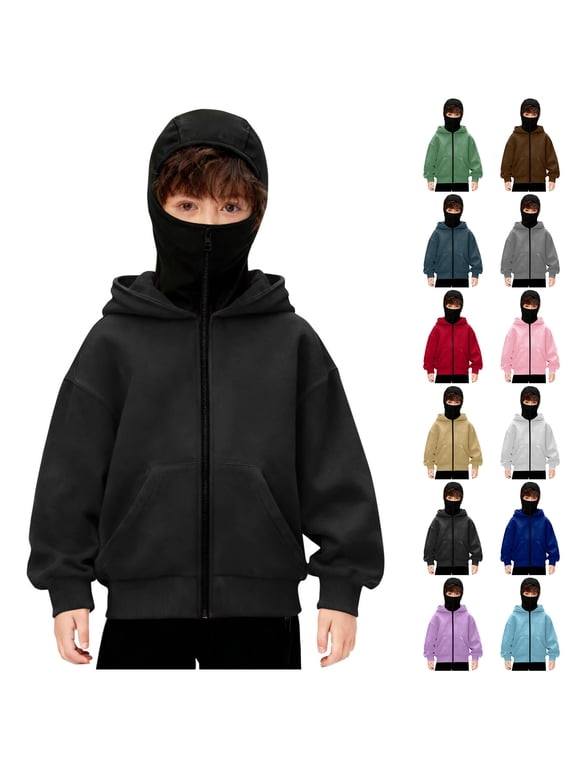 Unisex Boys Girls Balaclava Hoodie with Face Mask Kids Full Zip Up Ski Mask Jacket Double Hooded Pullover Sweatshirt Wind Resistant Cardigan Outwear Tops Dark Gray 12-13 Years