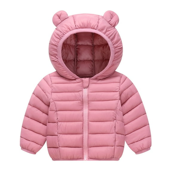 AJTQTH Winter Down Hoodie Coats for Kids Baby Boys Girls Light Puffer Full Zip up Long Sleeve Padded Jacket Cute Bear Hoods Infant Outerwear with Pockets Pink 1-2 Years