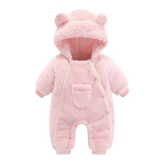 AJTQTH Winter Rompers Infant Baby Girls Boys Pocket Double Zippers Long Sleeve Hooded Onesie Plush Warm Playsuit Snow Fall Outer Home Clothes Pink 9M