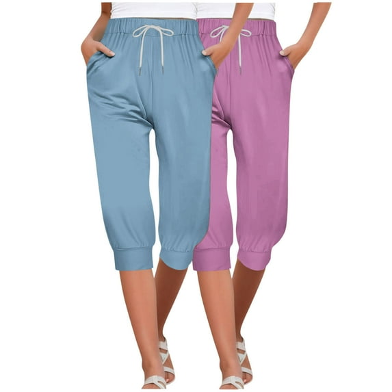 AJTQTH Women Capri Joggers 2-Pack Summer Casual Drawstring Yoga Pants Solid Color Workout Pants Wide-Leg Sweatpants with Pockets Multicolor#06 XL