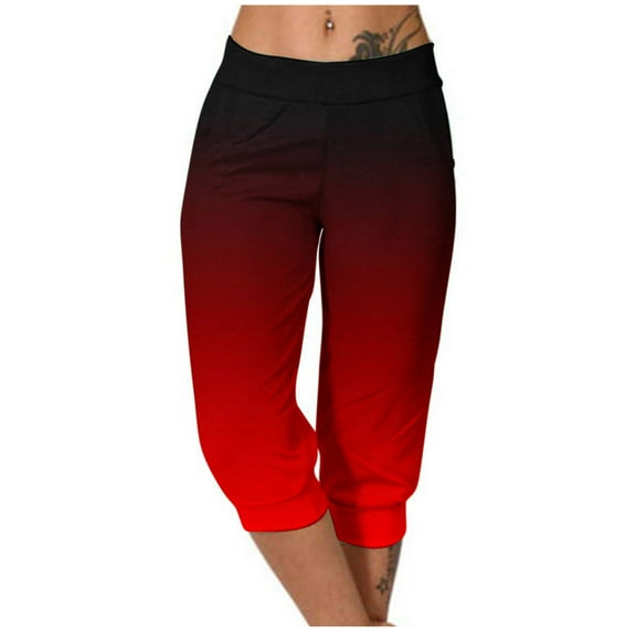 AJTQTH Women Capri Joggers Ombre Color Stylish Sweatpants Drawstring Lightweight Loose Yoga Pants Casual Capris with Pockets Red M