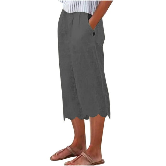 AJTQTH Women Capri Trousers Stylish Solid Elastic-Waisted Pants with Pockets Ruffles Hem Summer Casual Capris Dark Gray XL