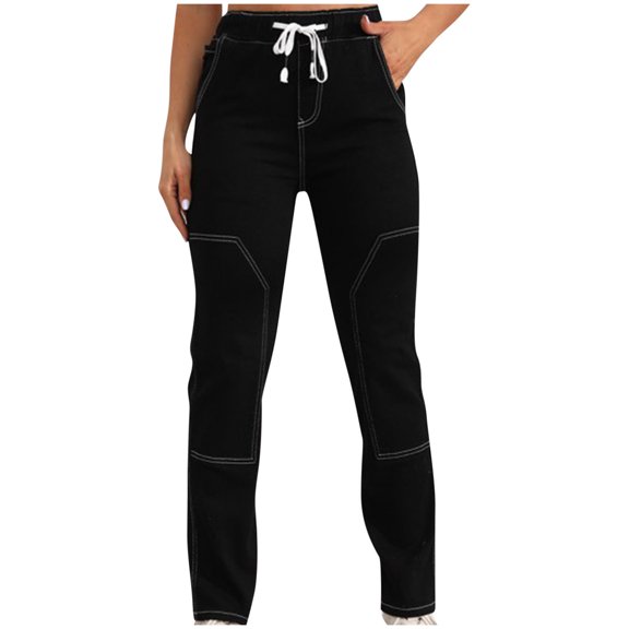AJTQTH Women Cargo Jeans Drawstring Solid Color High-Waisted Denim Pants Straight-Leg Full Length with Pockets Jeans Black XL