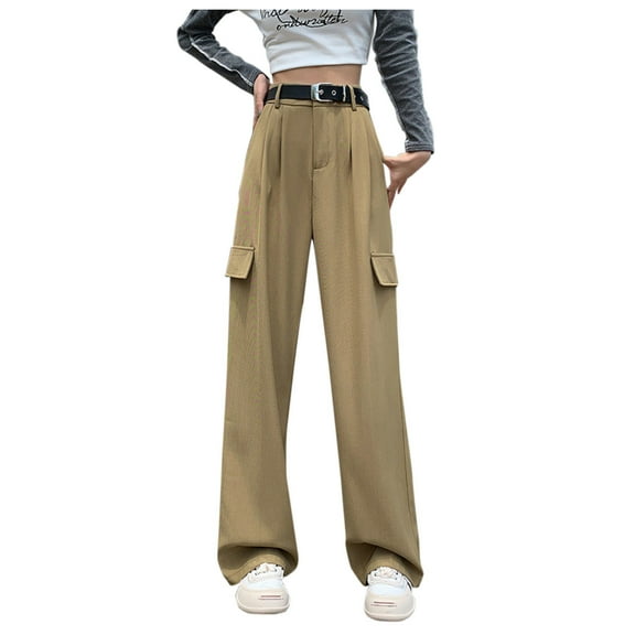 AJTQTH Women Cargo Pants Solid Color Side Pockets Straight-Leg Wide-Leg Work Trousers Casual Style Loose Slacks Khaki M