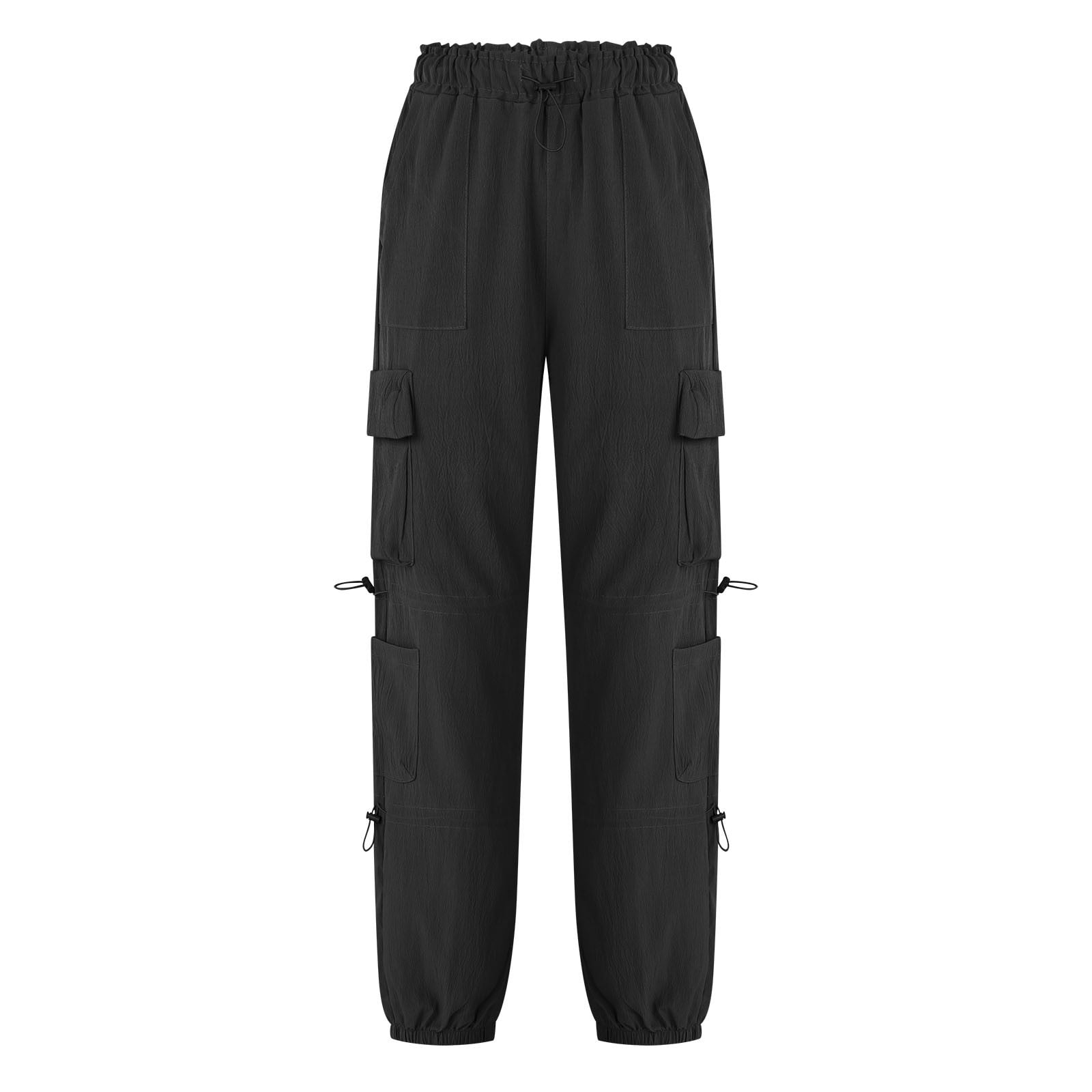 AJTQTH Women Cargo Pants Stylish Solid Baggy Pants Elastic-Waisted Casual Sweatpants Straight-Leg Loose Joggers Black XL