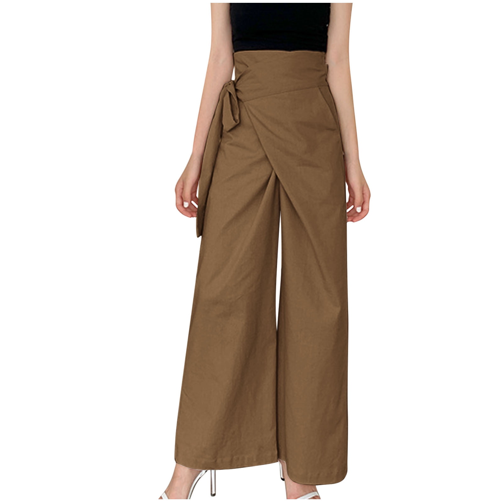 AJTQTH Women Casual Trousers High Waist Solid WideLeg Pants Knot