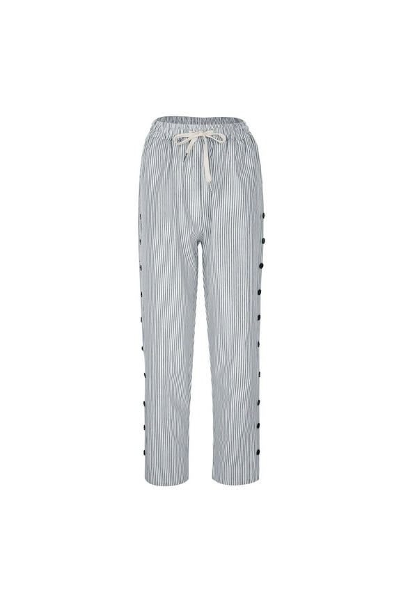 Women Cotton Linen Pants with Pockets Stylish Striped Casual Pants Wide-Leg Loose Trousers Strethcy Plus Size Pants White XXL