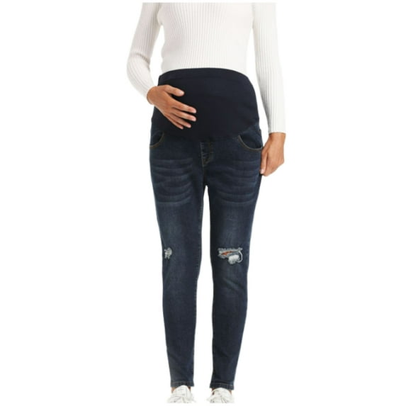 AJTQTH Women Denim Pants Plus Size Solid Color Strectchy Ripped Distressed Skinny Jeans Belly Support Patchwork Pregnancy Clothes Gray L