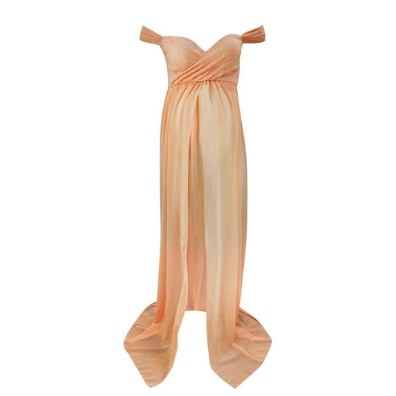 AJTQTH Women Elegant Off-Shoulder Dress Sexy Photography Ruffled Nursing Long Dress Cotton Comfy Maternity High-Waisted Nightgowns for Photoshoot Pink M