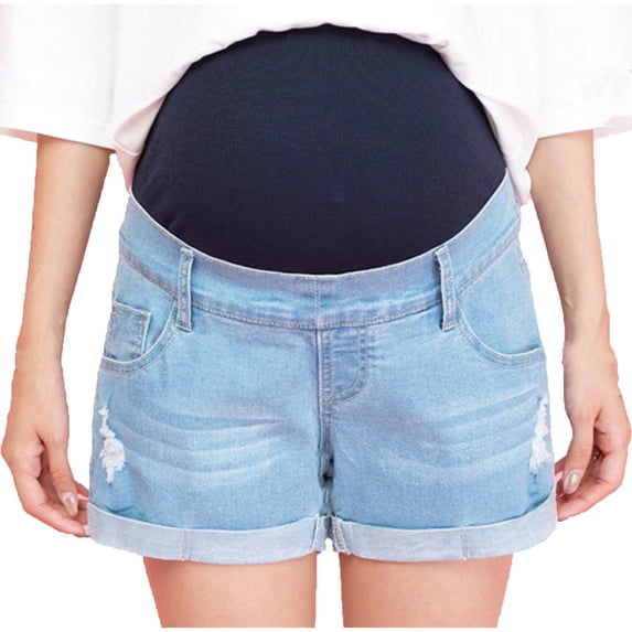AJTQTH Women Jeans Stylish Solid Color Elastic Waist Pockets Denim Shorts Solid Color Belly Support Strectchy Elastic Waist Pregnancy Shorts Light Blue XXL