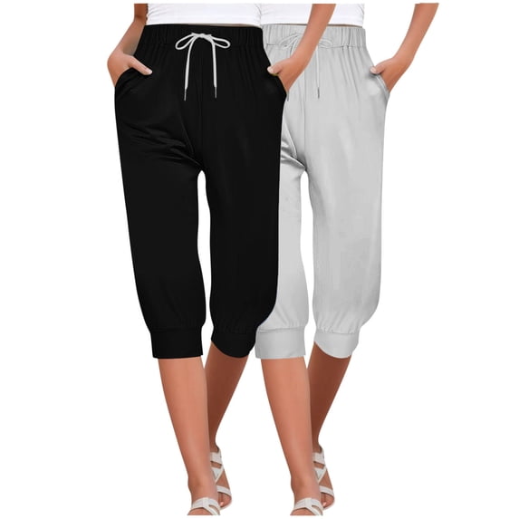 AJTQTH Women Joggers Capri Pants 2-Pack Loose Wide-Leg Capri Sweatpants with Pockets Solid Casual Drawstring Yoga Pants Multicolor#02 XXL