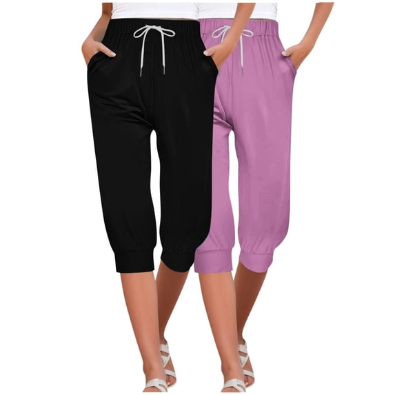 AJTQTH Women Joggers Capri Pants 2-Pack Loose Wide-Leg Capri Sweatpants with Pockets Solid Casual Drawstring Yoga Pants Multicolor#03 XXL