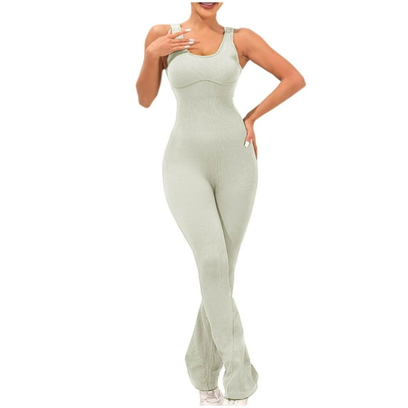 AJTQTH Women Jumpsuit U-Neck Sleeveless High-Waisted Eye-Catching Bodysuit Rib Knit Solid Slim Fit One-Piece Romper Flared Long Pants Overalls White M