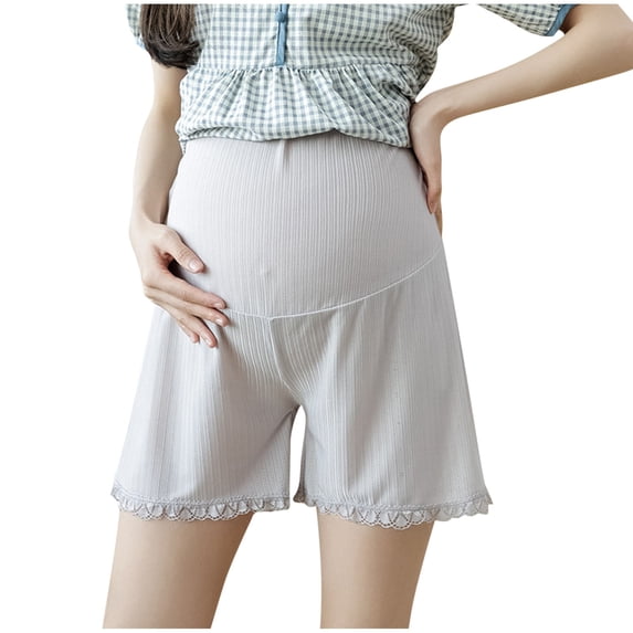AJTQTH Women Maternity Home Shorts Summer Ice Silk Lace Trim Loose Pants High-Waisted Belly Support Rib Knit Pregnancy Short Pants Gray M