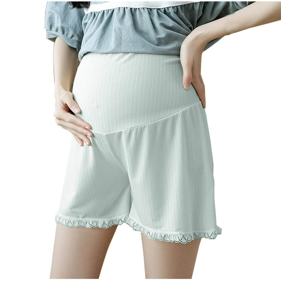 AJTQTH Women Maternity Home Shorts Summer Ice Silk Lace Trim Loose Pants High-Waisted Belly Support Rib Knit Pregnancy Short Pants Green XL