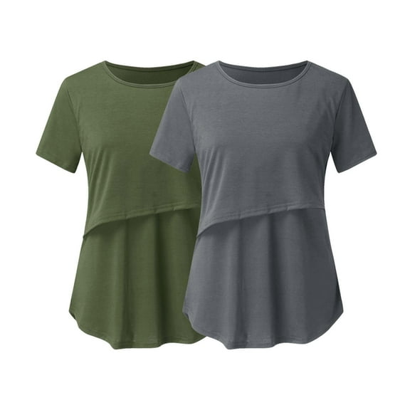 AJTQTH Women Nursing Tees Solid Color Ruffled Tops Crewneck Short-Sleeved Tunic Tshirts Pack of 2 Summer Casual Maternity Blouses Army Green S