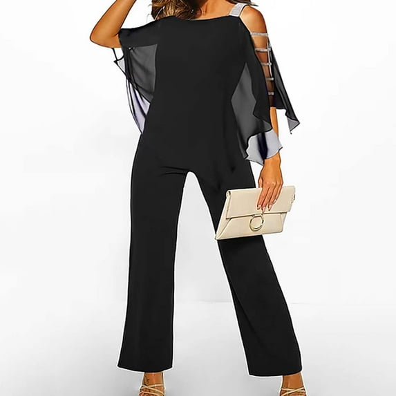 AJTQTH Women One-Shoulder Jumpsuit Stylish Batwing Irregular High-Waisted Romper Solid Oversized Flared Playsuit Black S