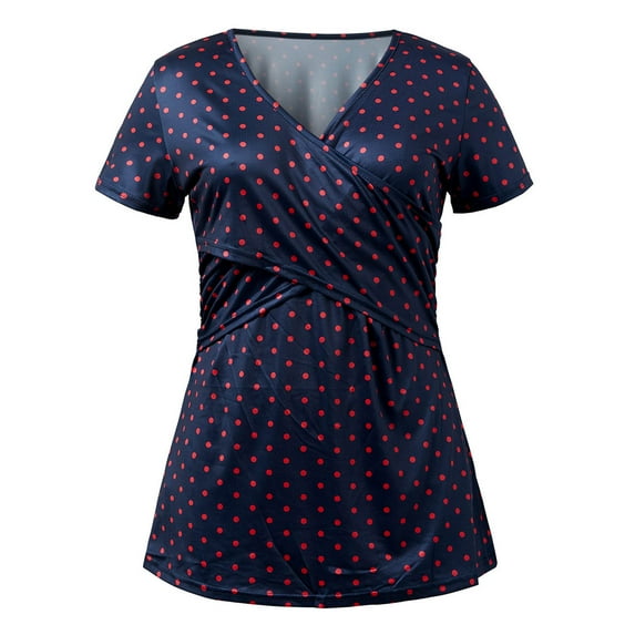 AJTQTH Women Plus Size Maternity Tops Deep V-Neck Stylish Polka Dots Tunic Tees Breastfeeding Pregnancy Clothes Casual Outfits Navy L