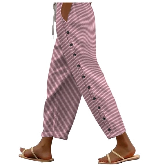 AJTQTH Women Plus Size Pants Stylish Striped Button Casual Pants with Pockets Drawstring Loose Trousers Cotton Linen Lounge Pants Pink L