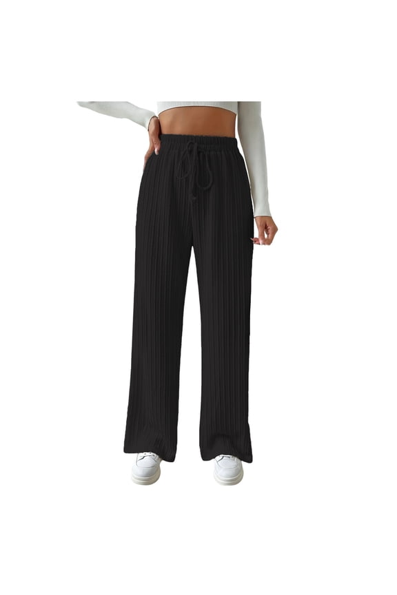 Women Rib Knit Pants Drawstring Solid Loose Straight-Leg Pants Flared Trousers High Waist Casual Pants Lounge Pants Black L