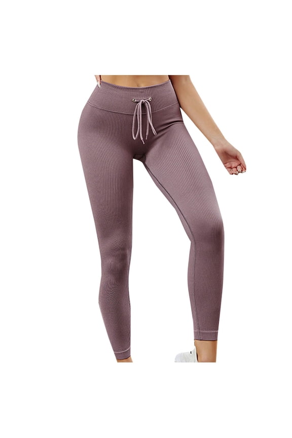 Women Skinny Leggings Drawstring High Waist Soft Slim Fit Sport Sweatpants Rib Knit Breathable Thin Yoga Pants Purple S