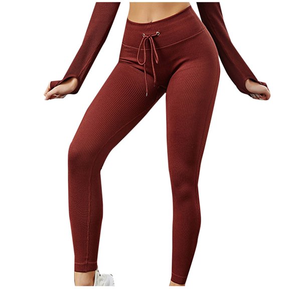 AJTQTH Women Skinny Leggings Drawstring High Waist Soft Slim Fit Sport Sweatpants Rib Knit Breathable Thin Yoga Pants Wine L