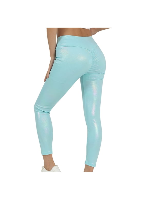 Women Skinny Leggings Metallic Solid Shiny Faux Leather High Waist Tights Stylish Eye-Catching Butt Lifter Yoga Pants Fitness Pants Light Blue L