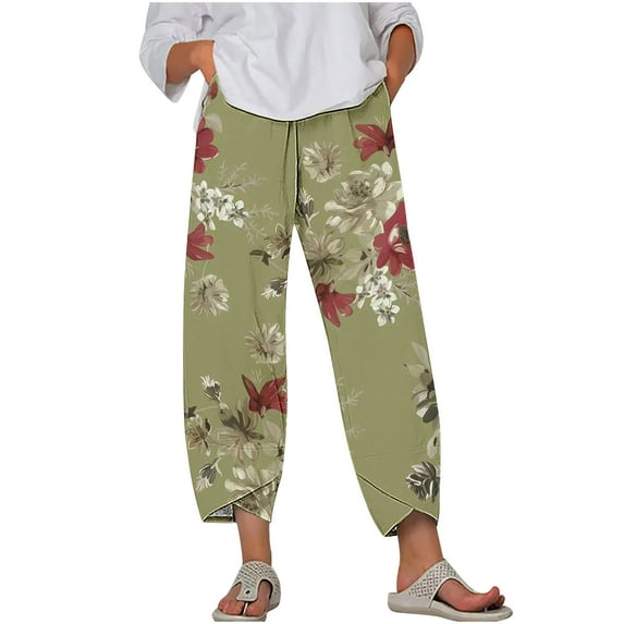 AJTQTH Women Summer Cropped Pants for Summer Stylish Floral and Leaf Print Vintage Thin Pants Elastic-Waisted Casual Lantern Pants Green XXXXL