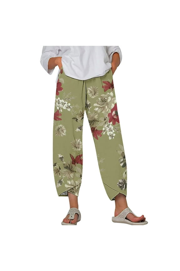 Women Summer Cropped Pants for Summer Stylish Floral and Leaf Print Vintage Thin Pants Elastic-Waisted Casual Lantern Pants Green XXXXXL